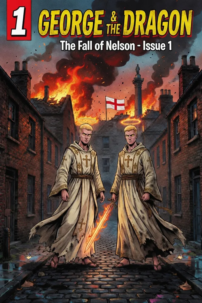 George and The Dragon Issue 1 cover — two angels walk a burning terraced street