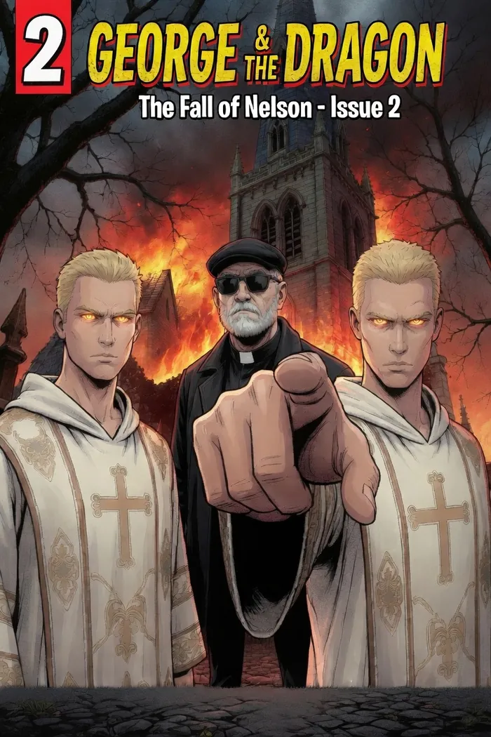 George and The Dragon Issue 2 cover — Michael points forward, flanked by two angels before a burning church