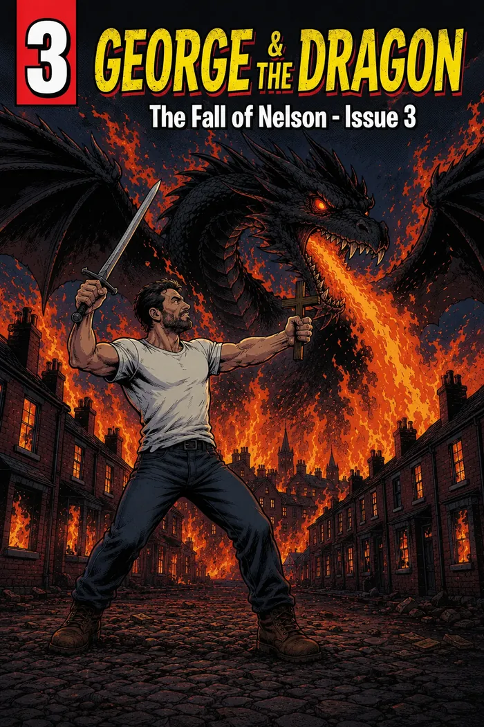 George and The Dragon Issue 3 cover — George raises sword and cross against the dragon over burning streets